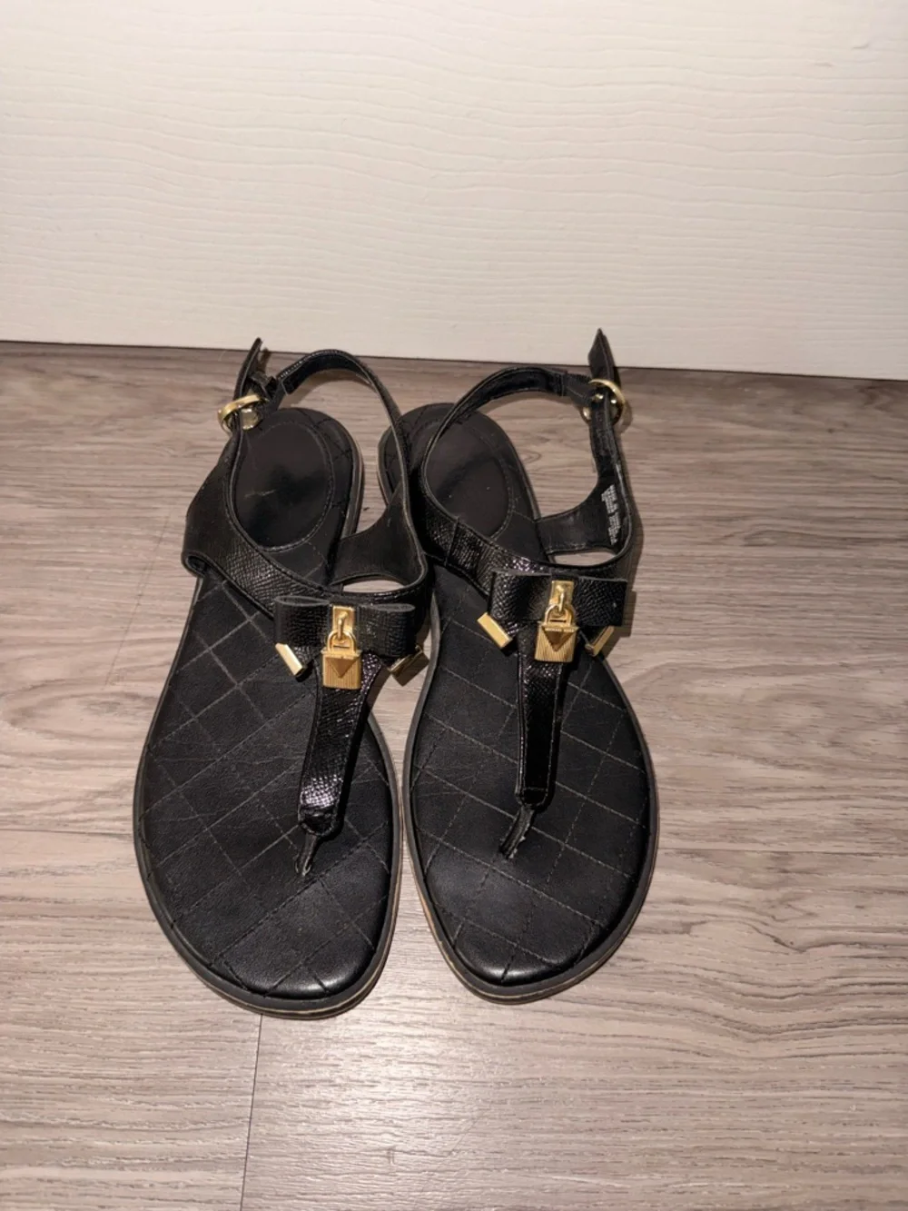 Michael Kors Black Quilted T-Strap Sandals with Gold Hardware - Picture 2 of 6